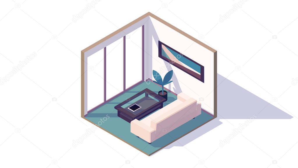 isometric low poly living room interior window couch coffee table plant picture vector illustration