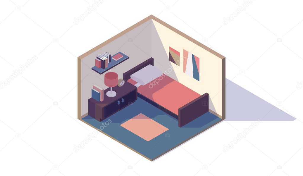 isometric low poly bedroom interior bed nightstand locker lamp bookshelf picture vector illustration