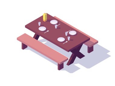 İzometrik piknik ahşap masa çanakları plastik cam meyve suyu kutusu izole edilmiş vektör illüstrasyonu