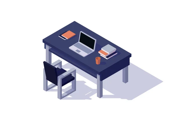 Mesa Espacio Trabajo Isométrico Portátil Vaso Bebida Libro Silla Aislado — Vector de stock