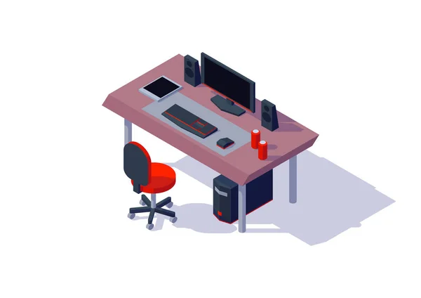 等距游戏玩家安装椅子喝键盘鼠标扬声器计算机显示平板表隔离向量图 — 图库矢量图片