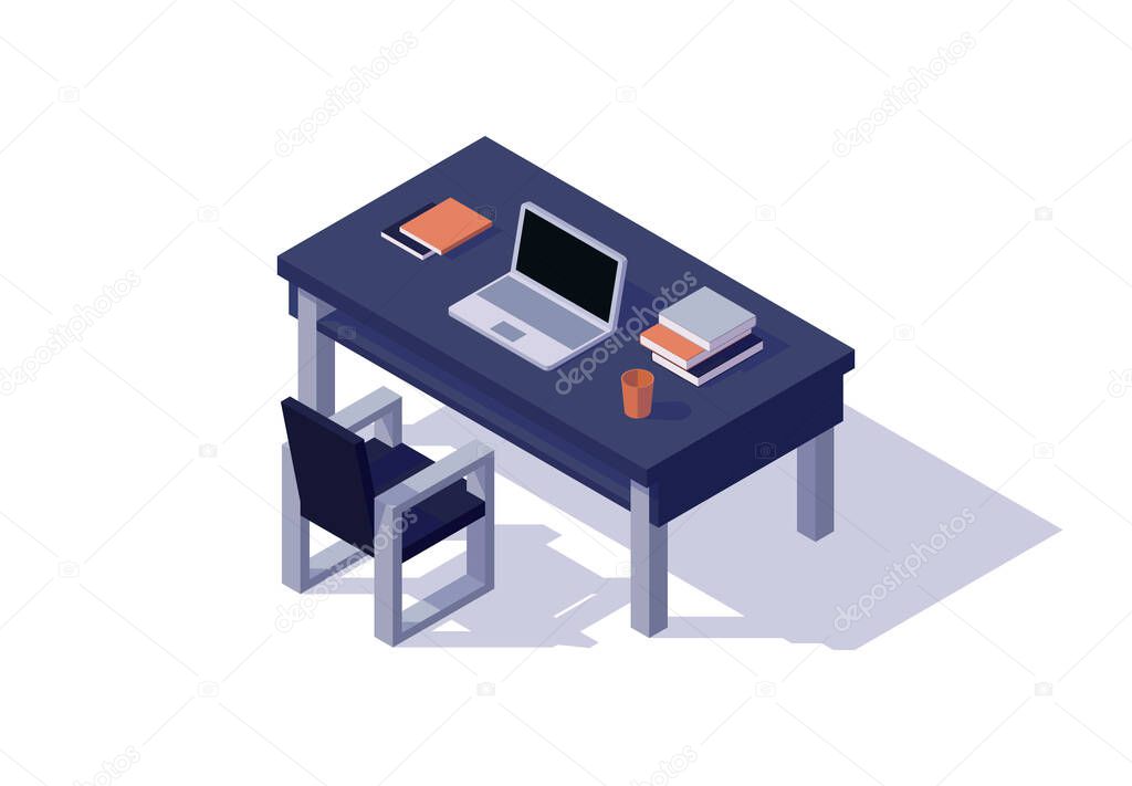 isometric work space table laptop glass drink book chair isolated vector illustration