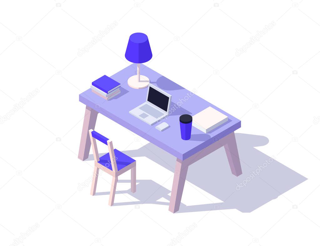isometric work space table laptop lamp chair book drink isolated vector illustration