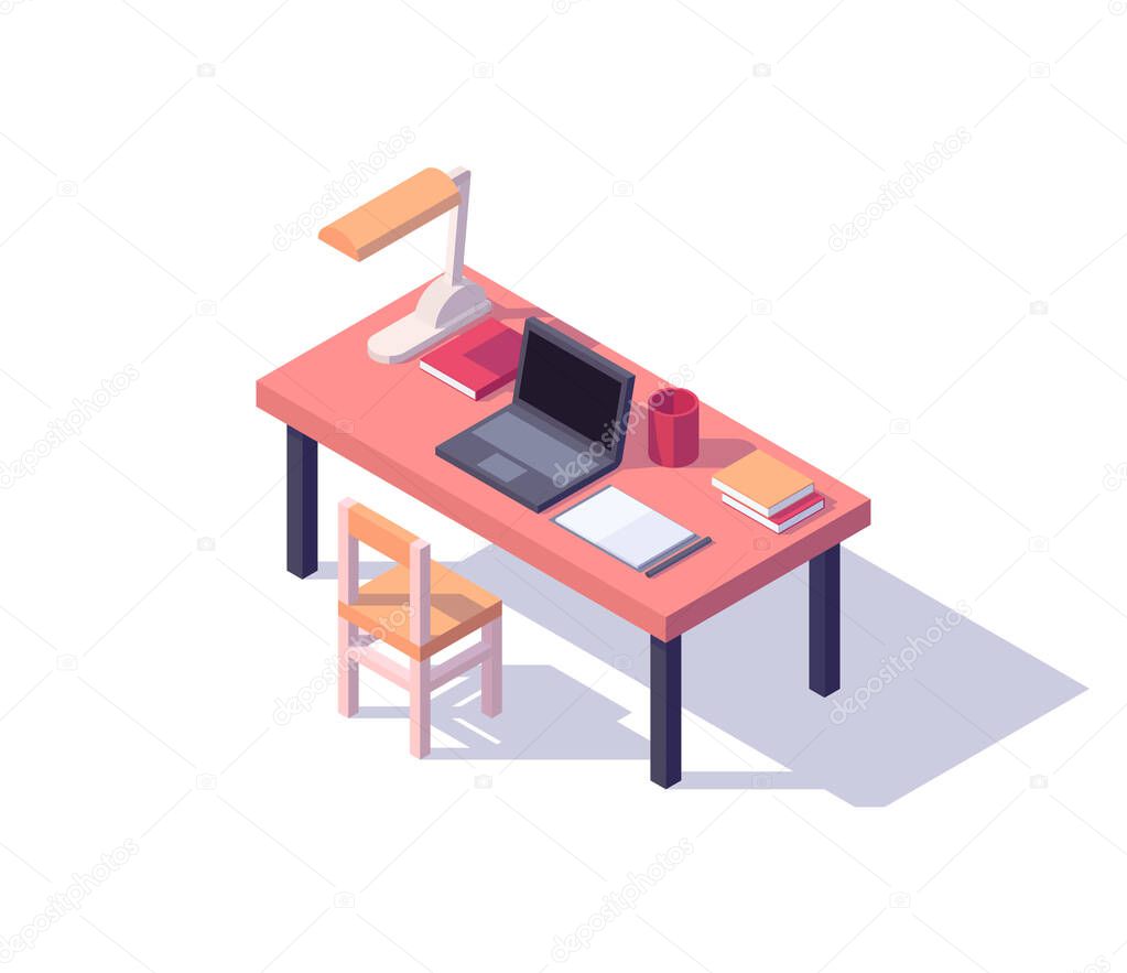 isometric work space table lamp chair laptop book cup pen isolated vector illustration