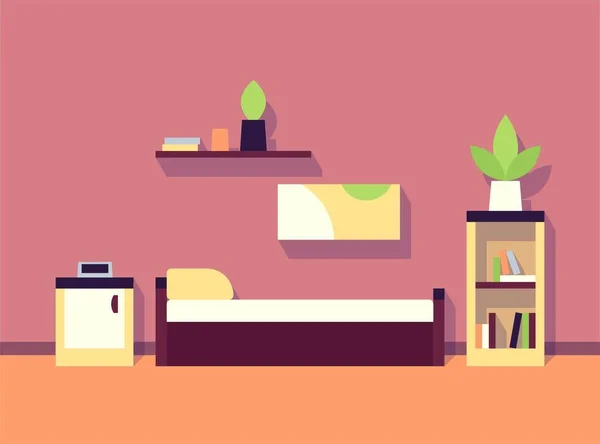 Interieur Schlafzimmer Bett Nachttisch Pflanze Bücherregal Bild Vektor Illustration — Stockvektor