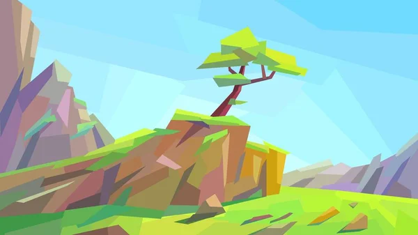 Baja Poli Paisaje Árbol Roca Acantilado Montaña Vector Ilustración — Vector de stock