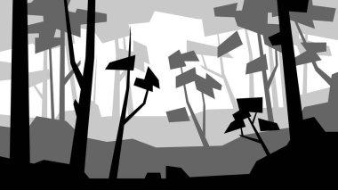 siyah ve beyaz düşük polyester manzara sık orman ağacı silüeti çizimi