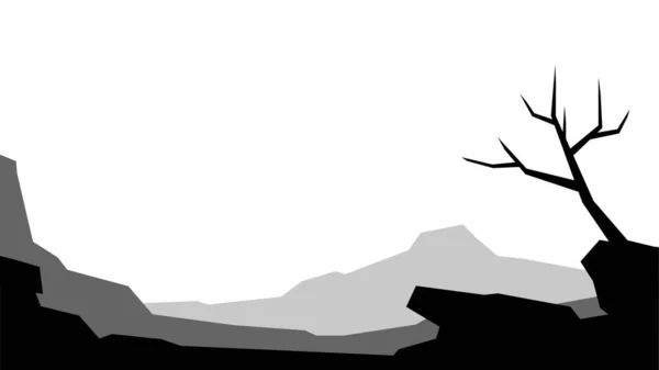 Bianco Nero Basso Poli Paesaggio Deserto Secco Albero Roccia Collina — Vettoriale Stock