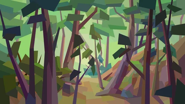 Baixo Poli Paisagem Densa Floresta Árvore Madeiras Arbusto Vetor Ilustração — Vetor de Stock