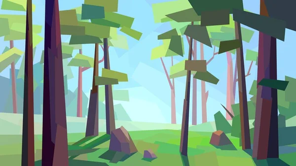 Faible Poly Paysage Forêt Arbre Buisson Rocher Ciel Vecteur Illustration — Image vectorielle