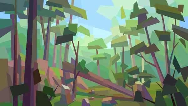 低ポリ風景鬱蒼とした森の倒木ブッシュ岩崖ベクトル図 ロイヤリティフリーのストックイラスト
