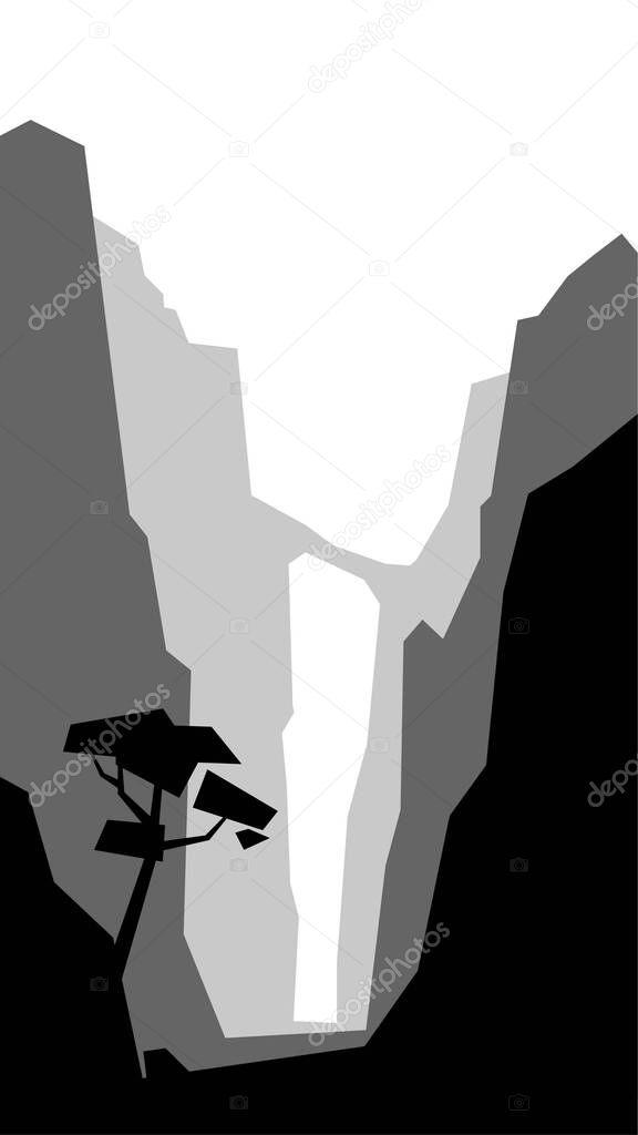 black and white low poly landscape vertical tree gorge ravine pass mountain silhouette vector illustration