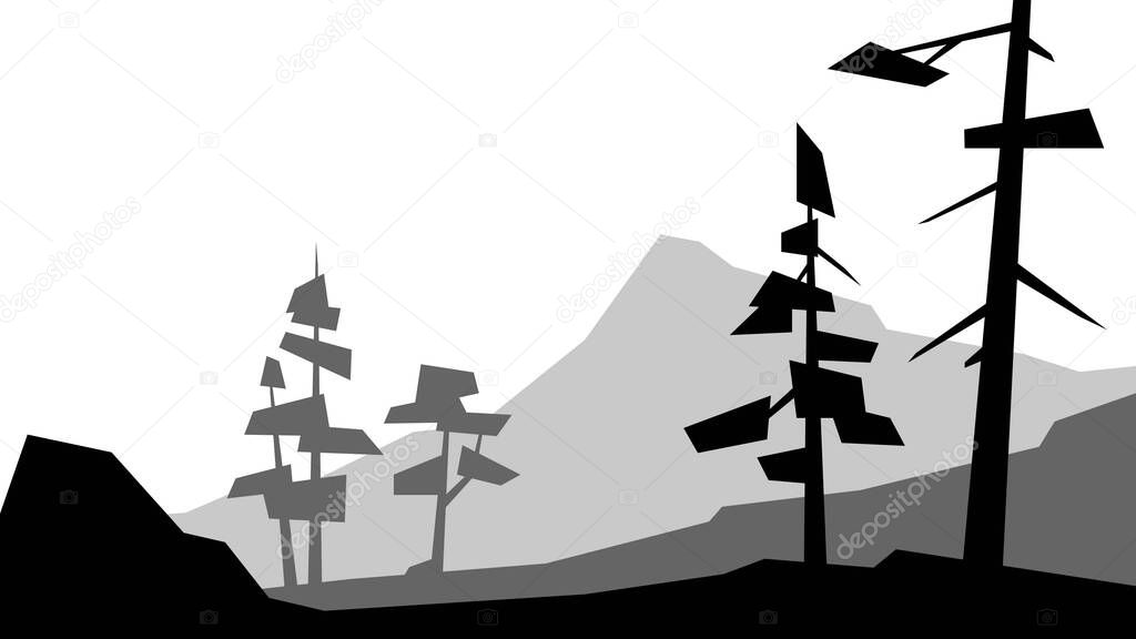 black and white low poly landscape mountain rock tree spruce pine silhouette vector illustration