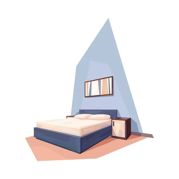 Low Poly Bed Room Interior Double Bed Nightstand Picture Vector — Stock Vector