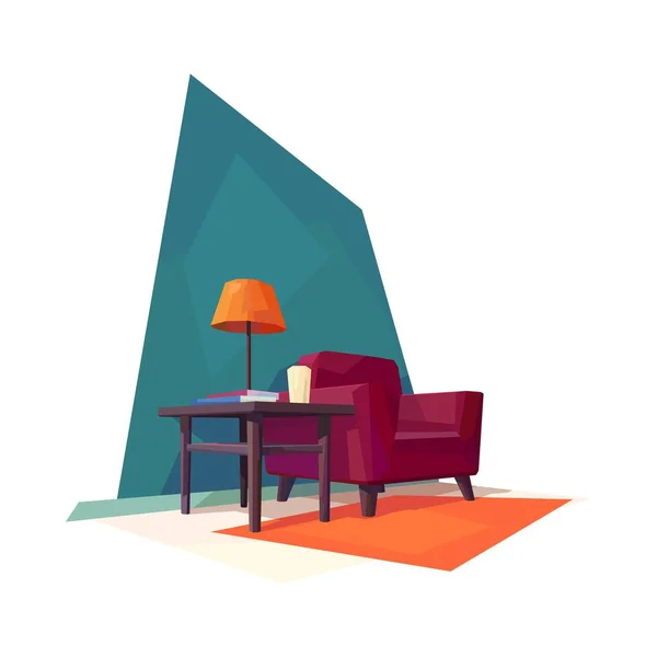 Low Poly Salon Intérieur Fauteuil Table Basse Lampe Ombre Vecteur — Image vectorielle