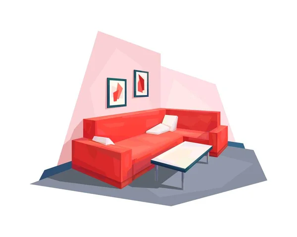 低ポリリビングルームのインテリアコーナーソファ枕コーヒーテーブル画像ベクトル図 ロイヤリティフリーストックベクター