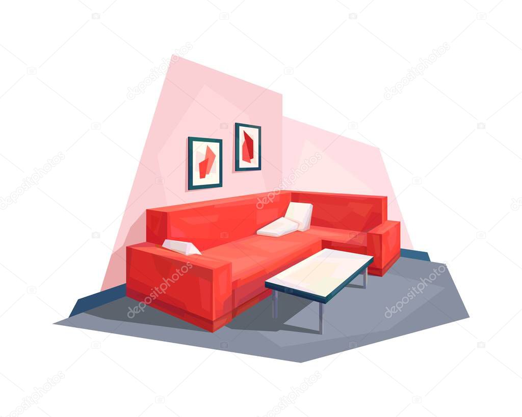low poly living room interior corner couch pillow coffee table picture vector illustration