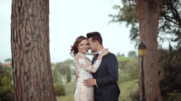 Retrato de feliz pareja casada sonriente abrazándose y disfrutando de la presencia del otro en el parque, felices recién casados abrazando y sintiendo el calor y la ternura del otro, brisa ligera soplando — Vídeos de Stock