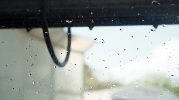 Auto fährt unter dem Waschtunnel durch, nachdem es mit großen Bürsten gereinigt wurde. Auto mit Wasser und Spülmittel waschen. Blick aus dem Auto, automatische Autowäsche, Reinigungsaktion — Stockvideo