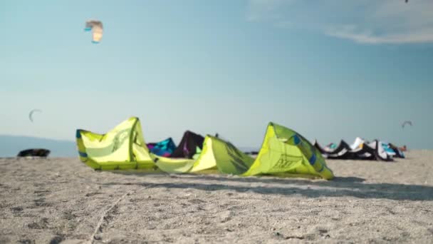 Extremes Kitesurfen im Ozean, bunte professionelle Drachen, die im Sand liegen und in der Luft fliegen. Leistungssport in den Sommerferien — Stockvideo