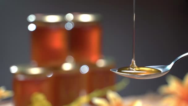 Miel épais trempé sur une cuillère en métal, miel liquide doré coulant. Pots de miel sur fond gris, produit naturel et concept apicole. Une alimentation saine — Video