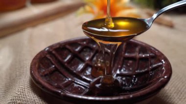 Altın sıvı bal kaşığa dökülüyor, yapışkan doğal ürün yuvarlak ahşap kaseye damlıyor. Vitamin dolu sağlıklı organik bal, sağlıklı beslenme için doğal bileşen.