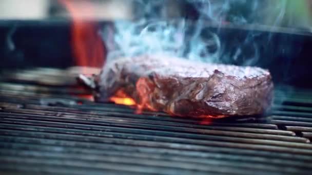Amazing juicy steak roasting on barbecue grid in slow motion with charcoal flames and smoke, close-up of tasty meat steak frying for picnic. BBQ grill outdoors — Stock Video