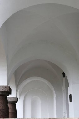 Beyaz Rusya. 28 Ocak 2020. Kıvırcık sütunlu yan oyun salonu. Tarım kasabası Sola 'daki Katolik Kilisesi' nin bir parçası..