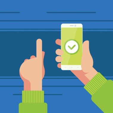 Sağ el ve sol el üstünde belgili tanımlık perde onay düğmesini işaret içinde smartphone.