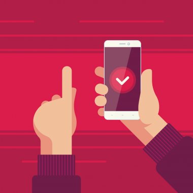 Sağ el ve sol el üstünde belgili tanımlık perde onay düğmesini işaret içinde smartphone.