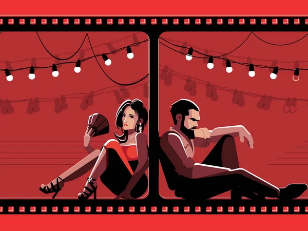 Couple latino assis sur les côtés opposés du mur. Illusion du cadre du film. Illustration moderne de style plat rouge et noir — Image vectorielle