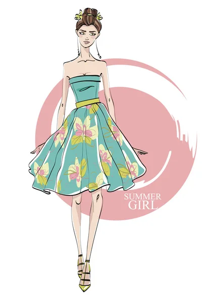 Moda kız güzel bir elbise. Vektör.