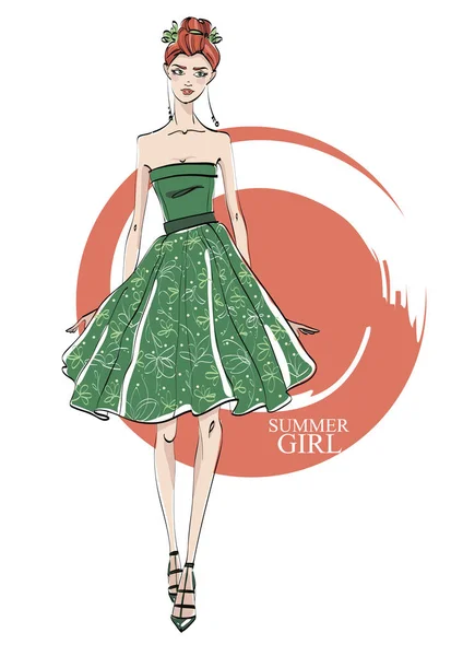 Moda kız güzel bir elbise. Vektör.