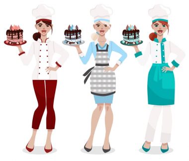 Set of three female chefs in different uniform isolated on white  background. Attractive young confectioner with sweet cake. Women's profession. Cartoon vector illustration. clipart