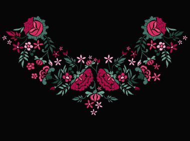 Yaka tişörtleri ve bluzlar için vektör tasarımı. Renkli etnik çiçeklerin boyun çizgisi. Moda için nakış nakışı. Vektör illüstrasyonu.