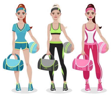 Spor çantası ve topu onun kollarında tutan çekici genç kadın fitness spor giyim içinde. Spor, Fitness Eğitmeni. Kadın bir meslek. Çizgi film vektör çizim.