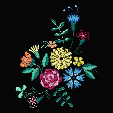 Yaka tişörtleri ve bluzlar için vektör tasarımı. Renkli etnik çiçeklerin boyun çizgisi. Moda için nakış nakışı. Vektör illüstrasyonu.