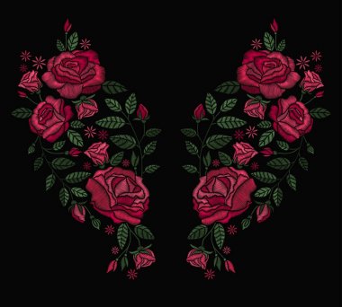 Yaka tişörtleri ve bluzlar için vektör tasarımı. Renkli etnik çiçeklerin boyun çizgisi. Moda için nakış nakışı. Vektör illüstrasyonu.