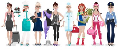 Farklı mesleklerden kümesi: doktor, öğretmen, moda tasarımcısı, çiçekçi, polis memuru, işkadını, Şef, hostes, fitness eğitmeni, Sekreter. Beyaz arka plan üzerinde izole vektör çizim.