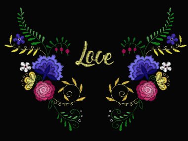 Yaka tişörtleri ve bluzlar için vektör tasarımı. Renkli etnik çiçeklerin boyun çizgisi. Moda için nakış nakışı. Vektör illüstrasyonu.