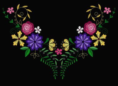 Yaka tişörtleri ve bluzlar için vektör tasarımı. Renkli etnik çiçeklerin boyun çizgisi. Moda için nakış nakışı. Vektör illüstrasyonu.