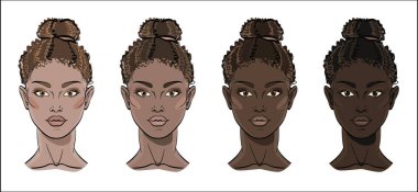 Vektör illüstrasyon, siyah kadın yüzleri ile farklı cilt tonunu. Güzellik Afrikalı kadınlar portresi.