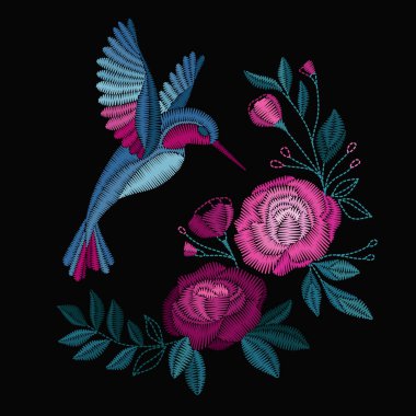 Nakış güzel swallow kuşlar ile. Nakış moda Tekstil ve kumaş için. Vektör tasarımı için yaka t-shirt ve Bluzlar. 