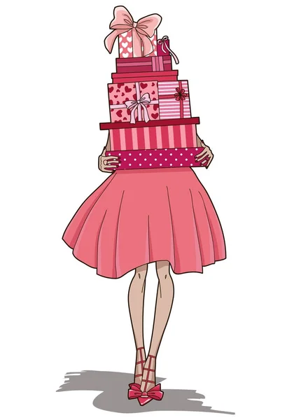 Renkli hediye ile kız moda elinde kutuları. Mutlu Sevgililer günü kartı. Vektör çizim.