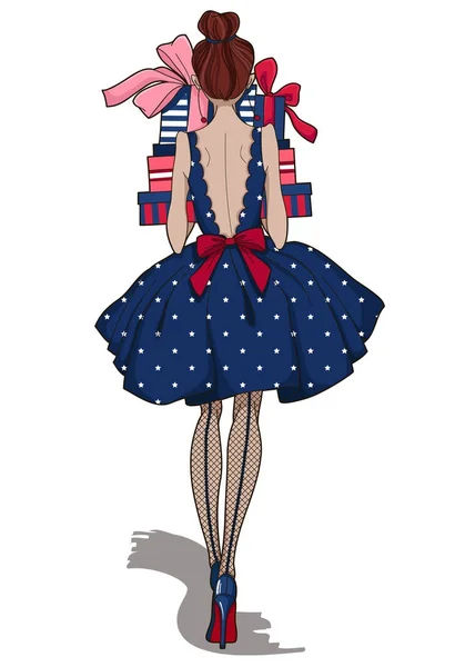Renkli hediye ile kız moda elinde kutuları. Arkadan görünüşü güzel kız mavi elbise ve yüksek topuklu ayakkabılar. Tebrik kartı, poster, afiş, davetiye. Vektör çizim.