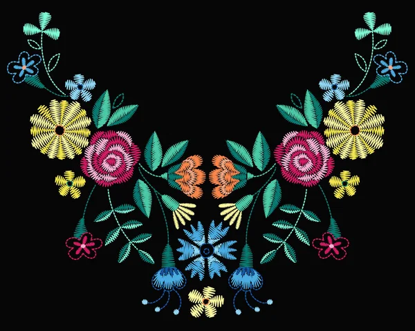 Yaka tişörtleri ve bluzlar için vektör tasarımı. Renkli etnik çiçeklerin boyun çizgisi. Moda için nakış nakışı. Vektör illüstrasyonu.