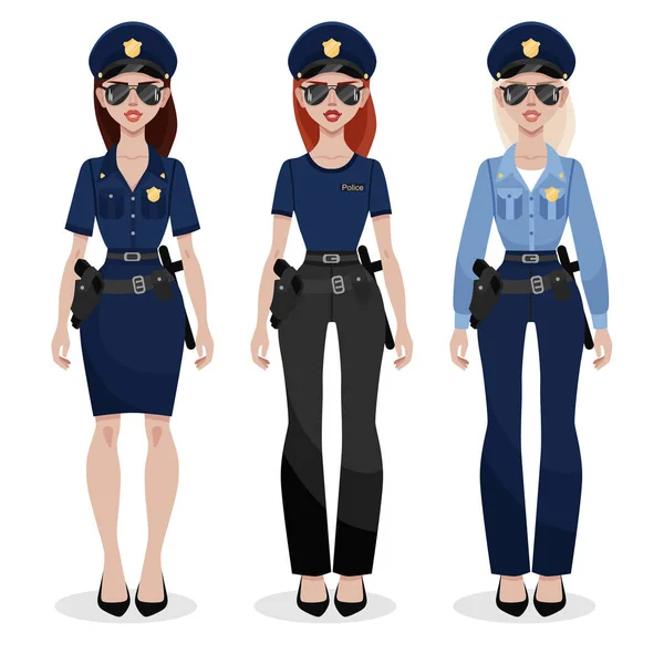 Polis Kadınların Farklı Üniformalı Ayarlayın Güzel Genç Polis Memuru Üniformalı — Stok Vektör