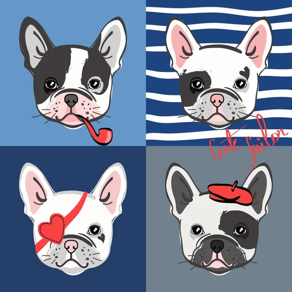 Franse Bulldog Vector Set Schattig Bulldog Gezicht Vectorillustratie — Stockvector