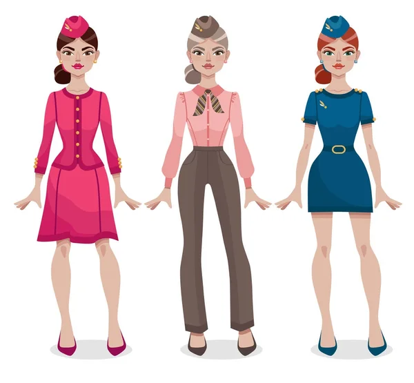 Jonge Lachende Stewardess Verschillende Stijl Uniform Vrouwen Beroep Cartoon Vectorillustratie — Stockvector