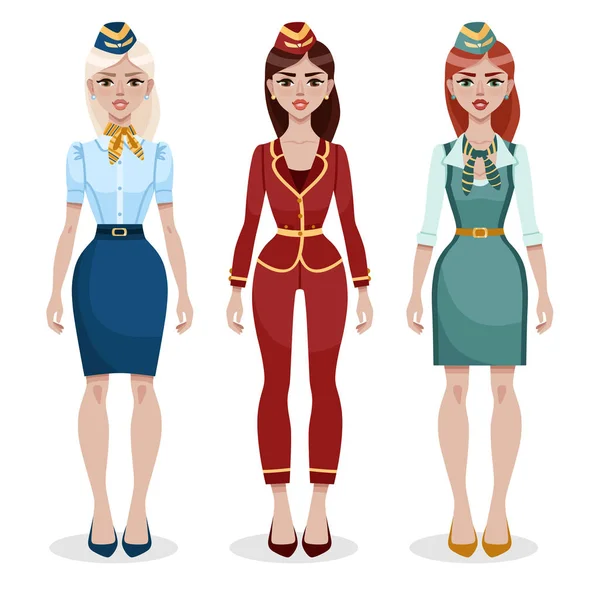 Jovem Aeromoça Sorridente Uniforme Estilo Diferente Profissão Feminina Desenhos Animados —  Vetores de Stock